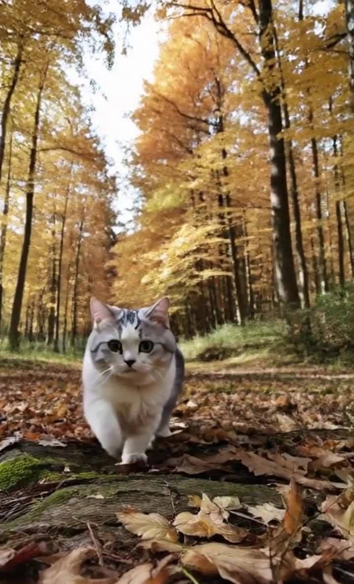 秋日枫林落叶，折耳猫漫步其中