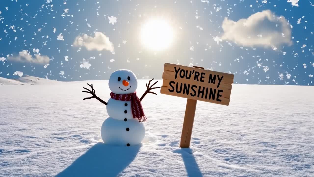雪地上有一个雪人，它戴着红色条纹围巾，脸上有用胡萝