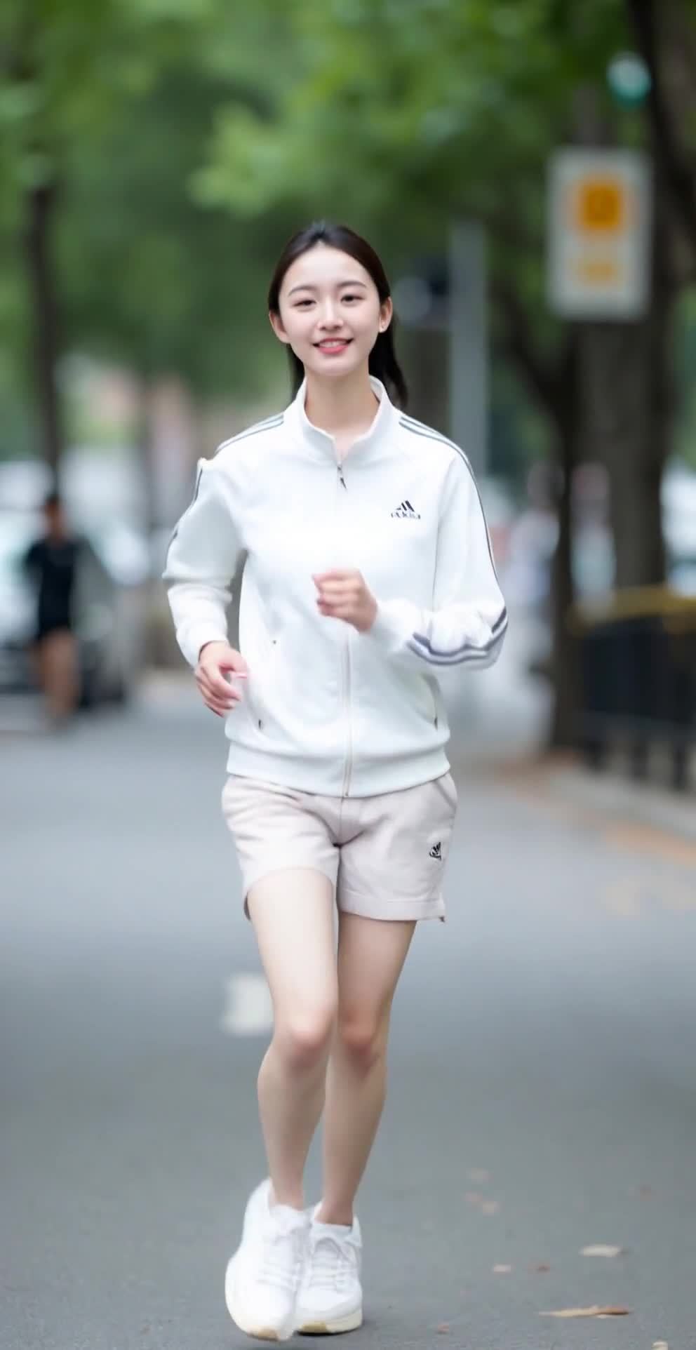 微笑女子户外跑步，身着运动服，阳光明媚。