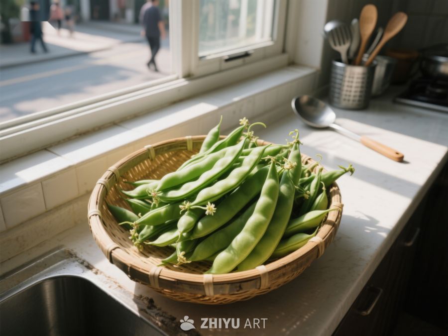 窗边竹篮里的新鲜豆荚 153