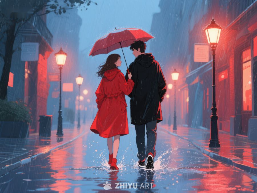 雨夜街头，情侣共撑伞漫步 1064