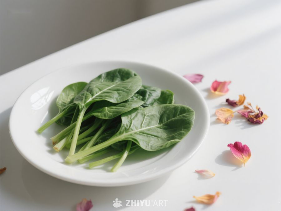 新鲜菠菜置于白碗中，花瓣点缀其旁 404