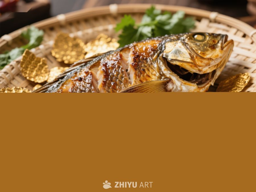 金黄色烤鱼配香菜装饰 261