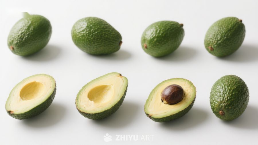 新鲜牛油果展示，部分切开 895