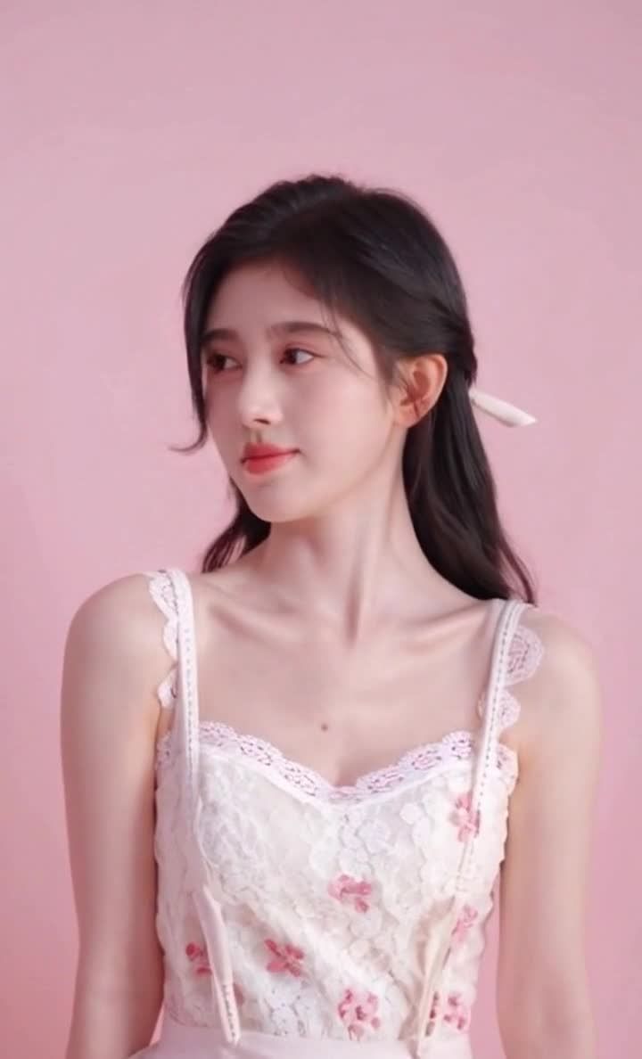 黑色长发美女，蕾丝吊带裙，粉色背景。