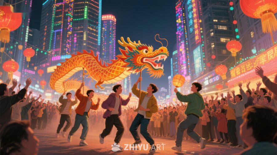 夜市龙舞欢庆，人群欢呼雀跃 1237