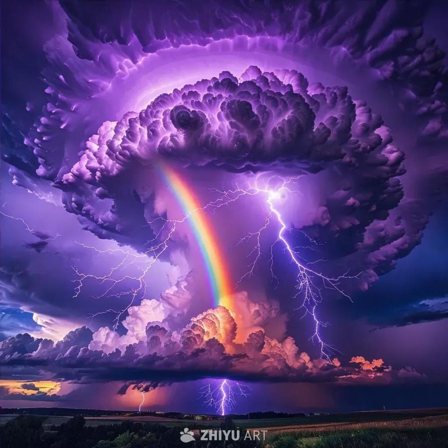乌云密布的暴风雨之夜，紫色雷电在云层边缘涌动。一道