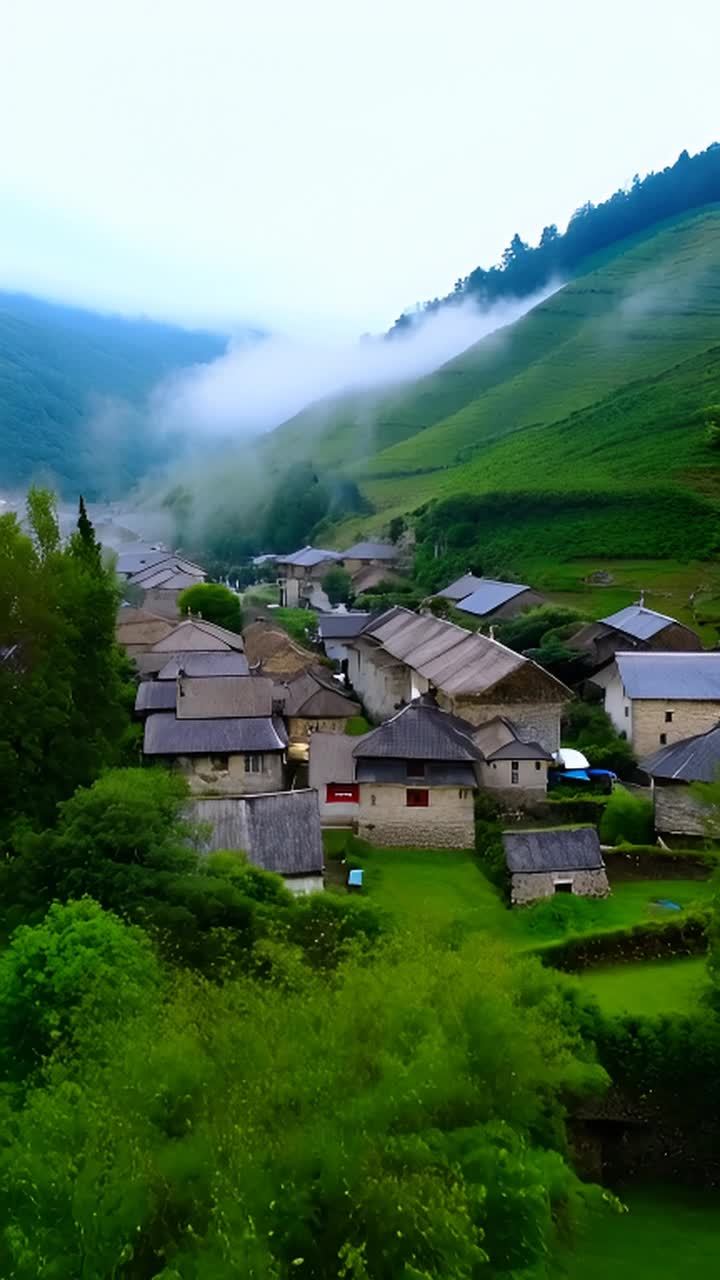山谷中坐落着一个宁静的山村。传统的石头房屋，屋顶铺