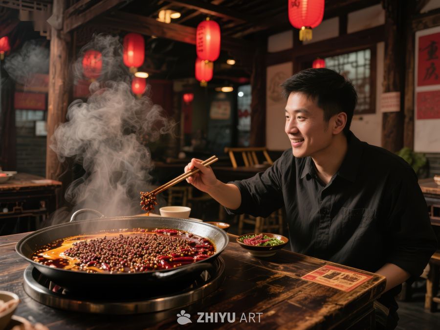 男子在传统餐厅享用热气腾腾的火锅 444