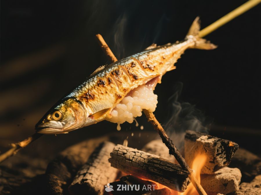 烤鱼串上的美味鱼肉