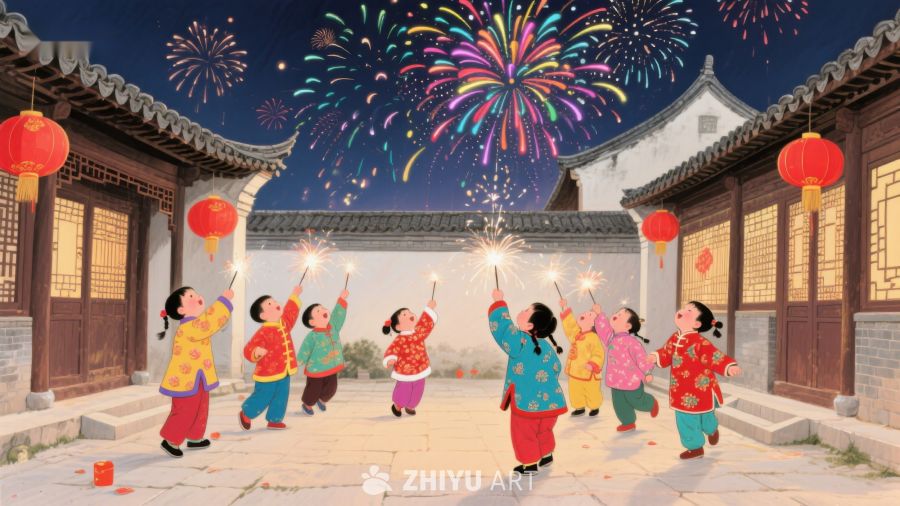 孩童欢庆节日，烟花绽放夜空 268