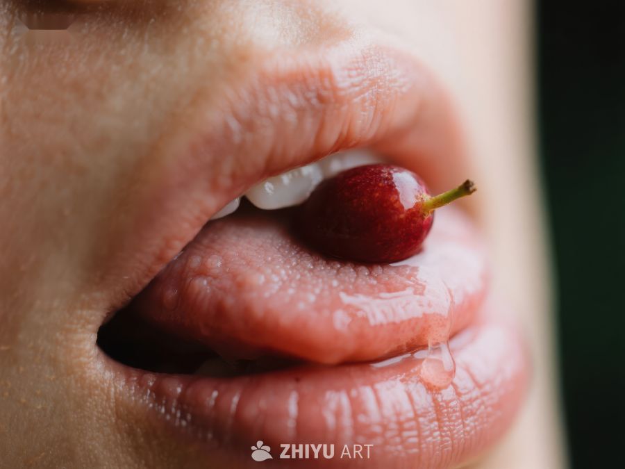 舌尖轻触樱桃，细腻特写 428