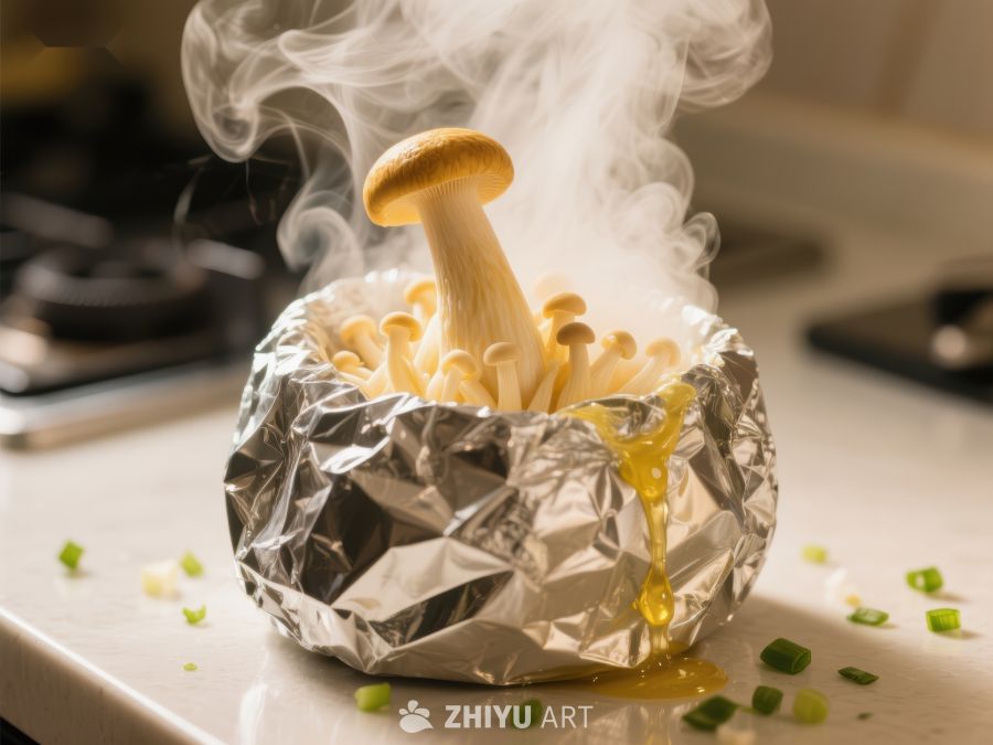 锡纸包裹的蘑菇蒸煮中