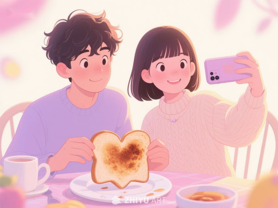 情侣早餐自拍，爱心吐司温馨时刻 581