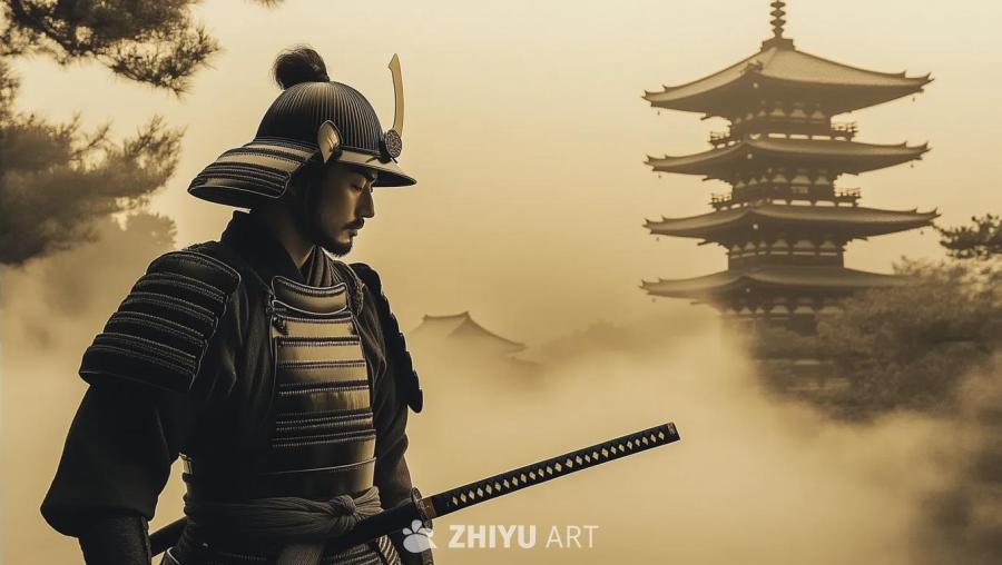 照片以旧照片的棕褐色调呈现，画面中一位日本武士手持