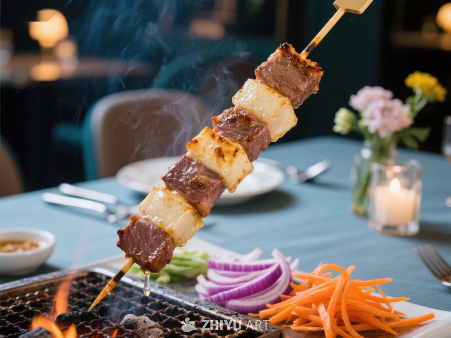 烤肉串在炭火上滋滋作响