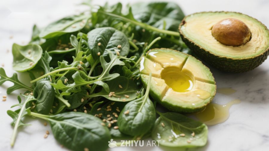 新鲜牛油果与绿叶蔬菜