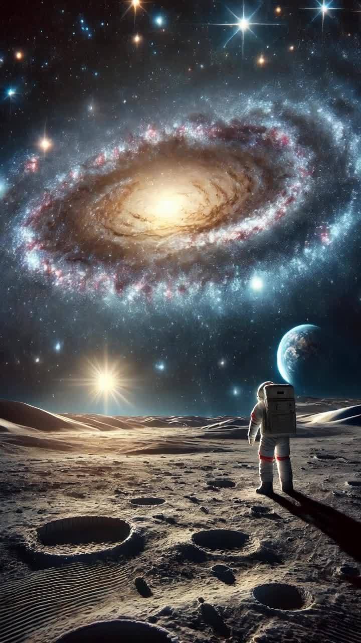 一个宇航员正在缓慢行走。一个巨大的、非常缓慢旋转的