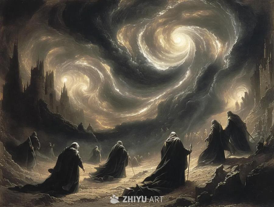 黑白风格的画作，描绘了类似炼狱的场景。画面上方是漩