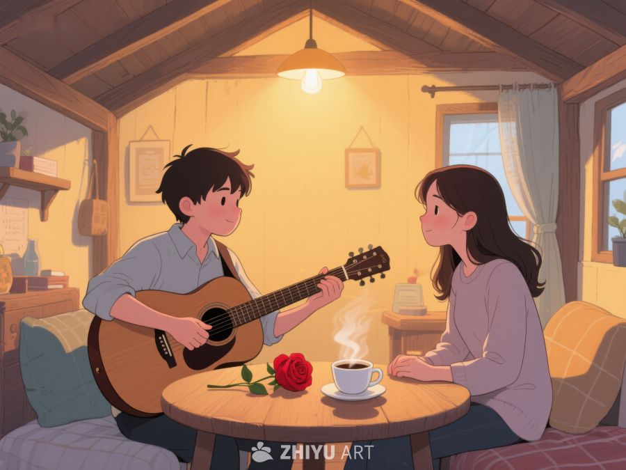温馨小屋内的吉他与咖啡时光 795
