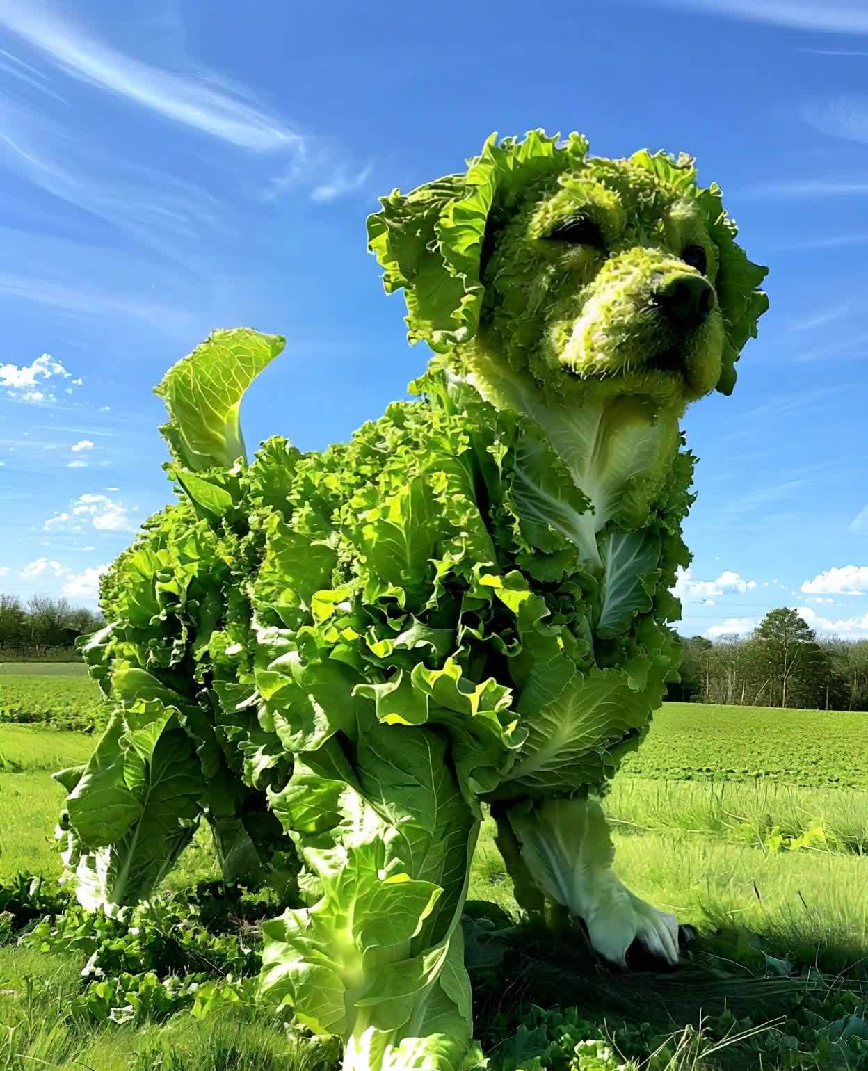 一只由绿色叶菜构成的大型犬站在绿色的草地上，周围是