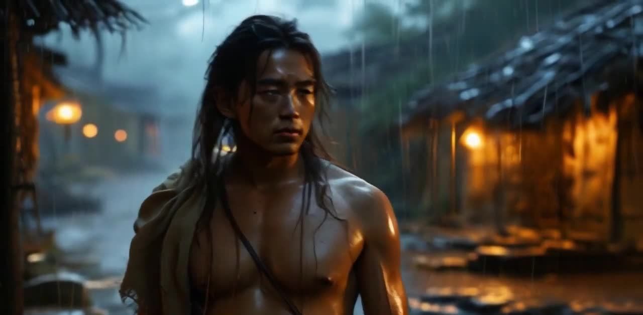 一名男子站在雨中，他裸露着上半身，肩上搭着一块布。