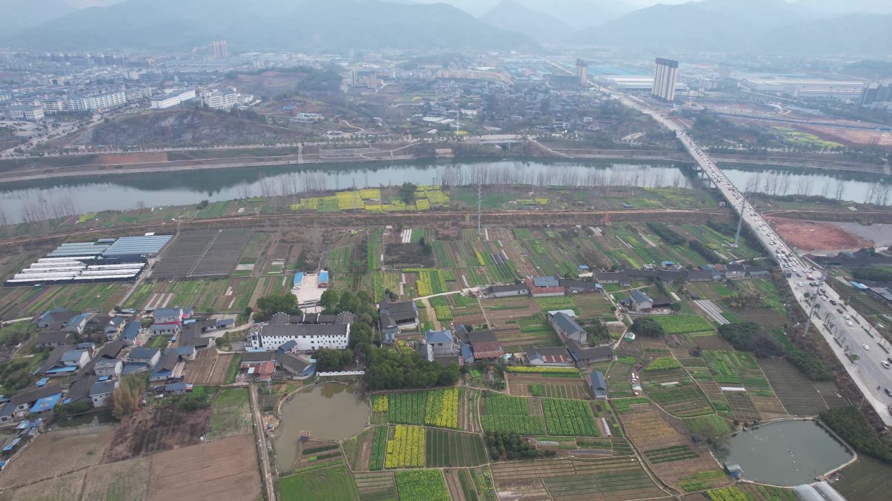 美丽乡村田园油菜花种植航拍