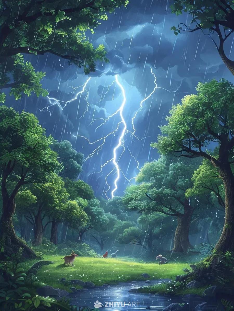 卡通风格的森林中下着暴雨，一道闪电划过天空。地面上