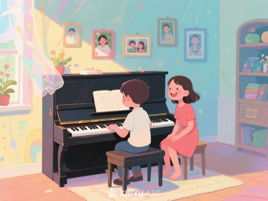 孩子弹钢琴，母亲陪伴 239