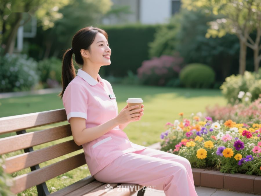 护士花园中休息，手捧咖啡杯 151