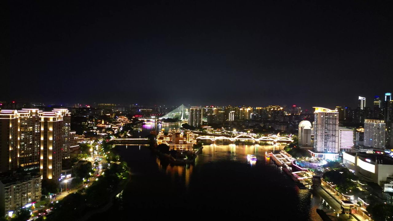 航拍福建福州闽江两岸夜景灯光
