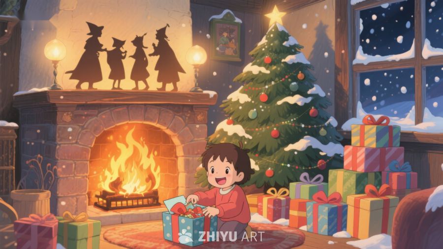 温馨圣诞夜，孩子与礼物 276