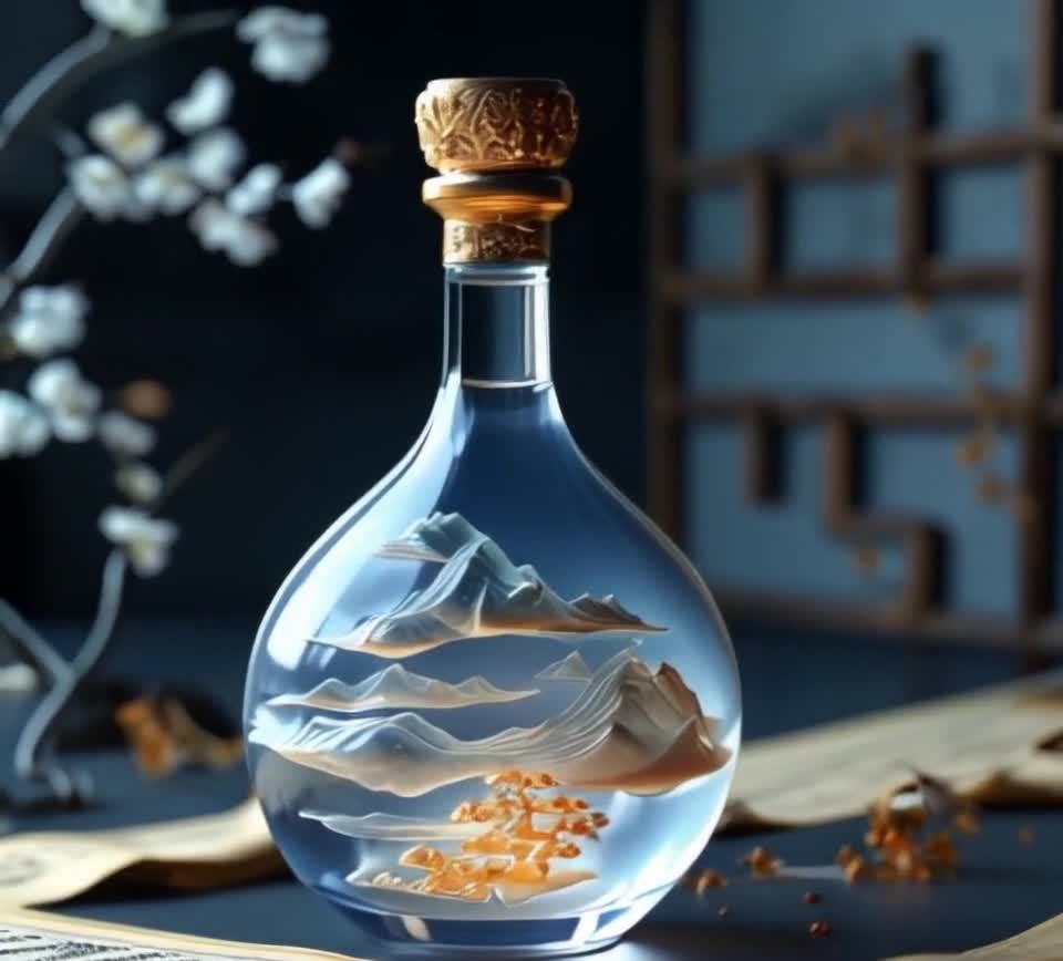 一个圆形的透明玻璃瓶子，瓶内呈现山水画的景象，瓶口