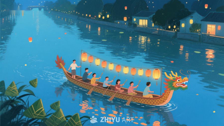 夜色中划龙舟的温馨场景 439