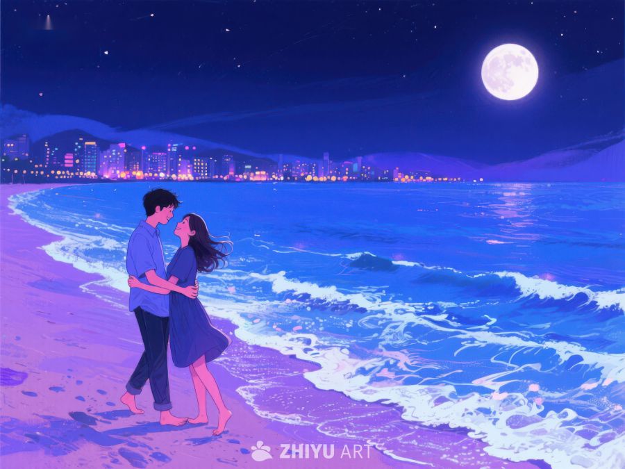 月夜海滩情侣相拥 1236