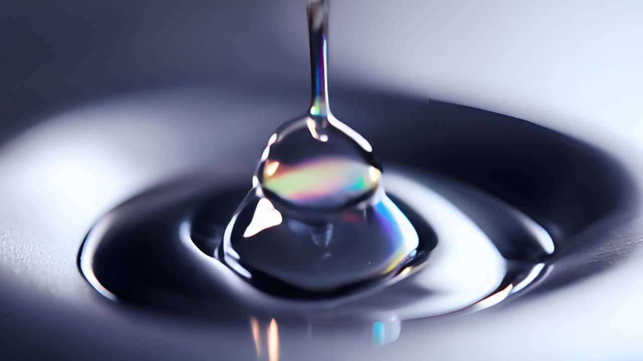 一滴汞落在光滑的表面上。相机从远处移动到近处捕捉液态金属独特的表面张力以及它形成完美球体的方式。汞反射光线，产生令人着迷的虹彩效果。