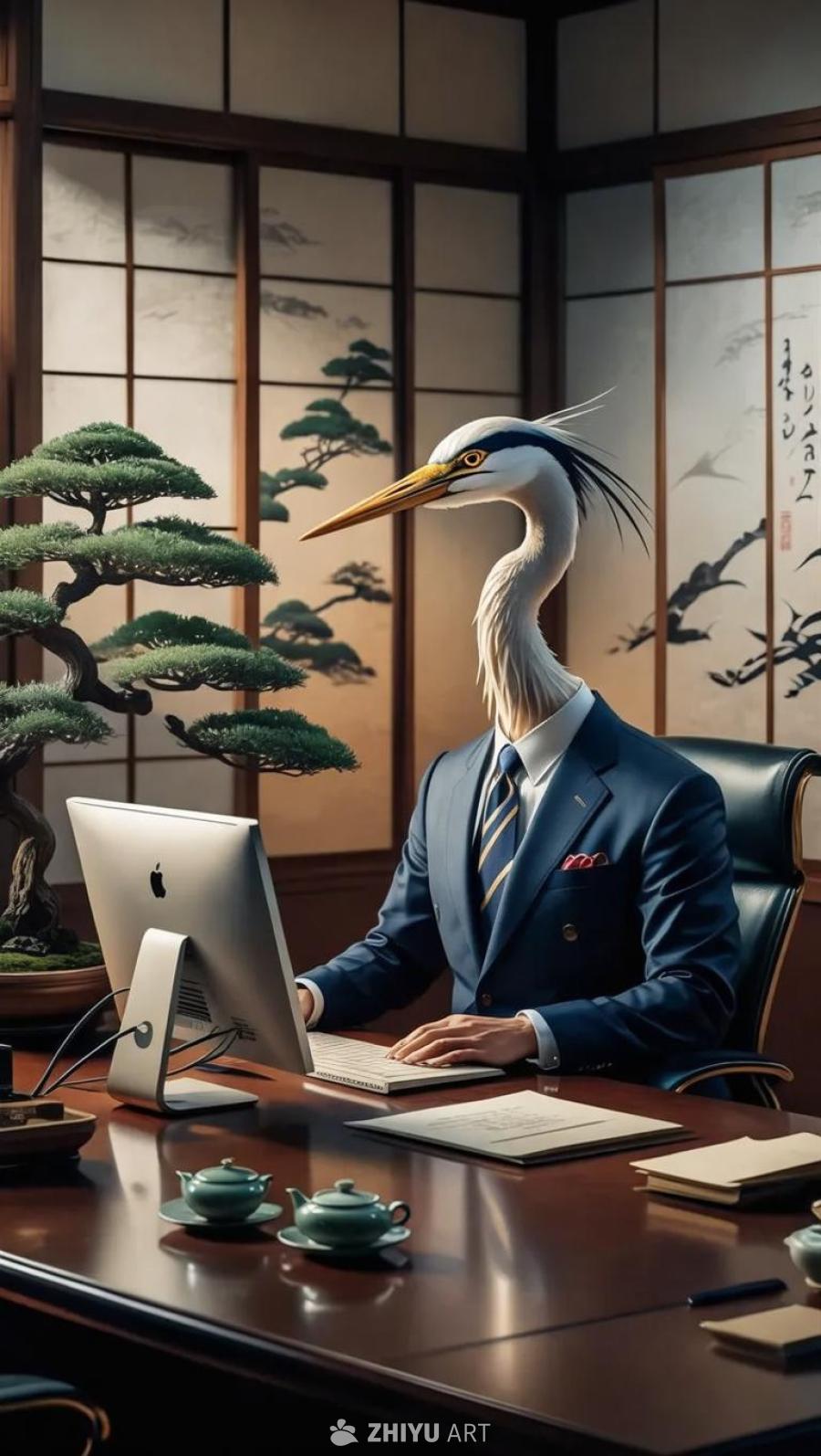 办公室场景中，一只穿着蓝色西装的鹤坐在办公桌前。办