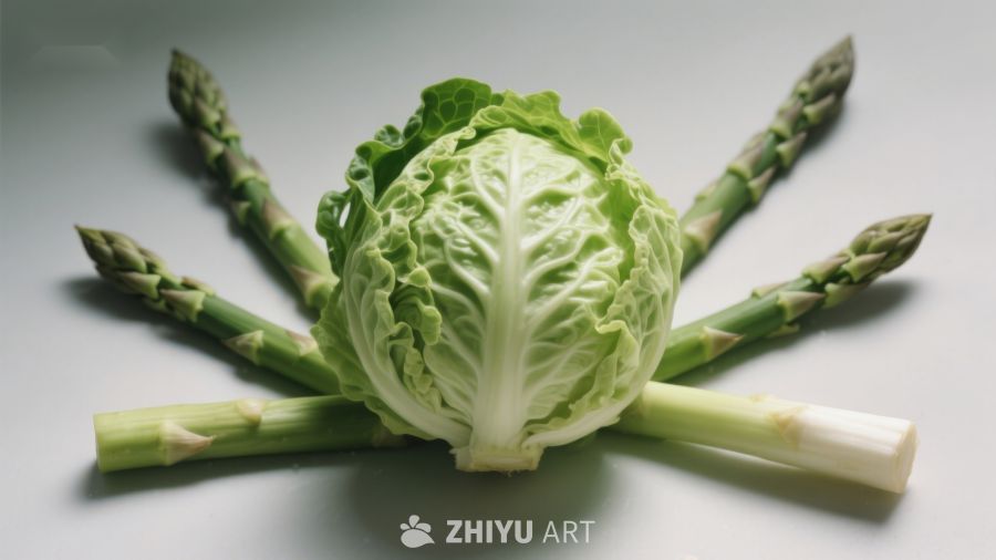 卷心菜与芦笋的静物组合