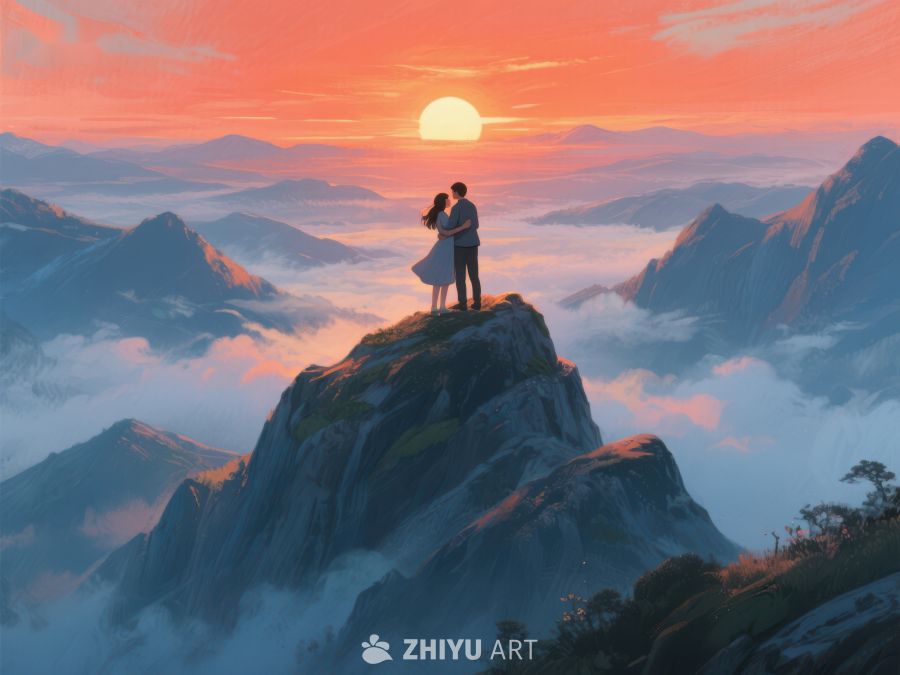 山顶情侣眺望日落美景 613
