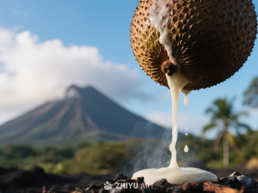 榴莲果肉倾泻，火山背景 317