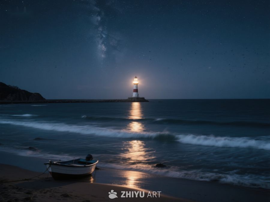 夜幕下的灯塔与小船 478