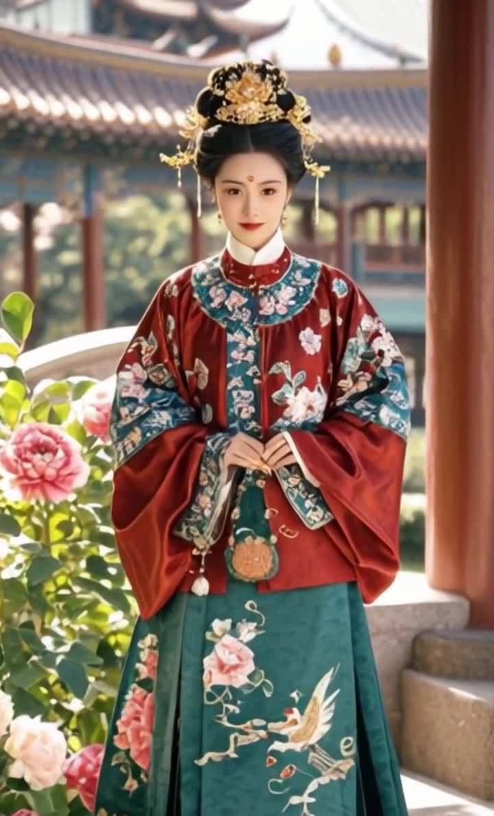 一位身着华丽绣花锦衣的贵族女子站在盛开的牡丹花旁。
