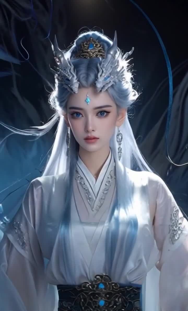 唯美奇幻龙女：蓝色发饰与宝石点缀白色长袍
