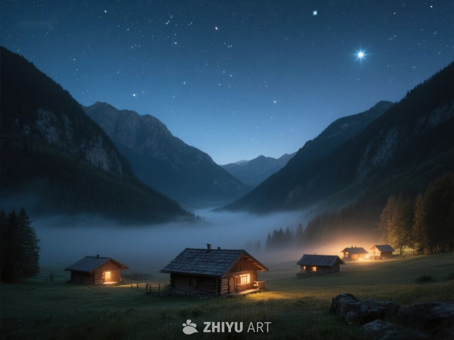 山谷夜景：木屋灯火与星空 137