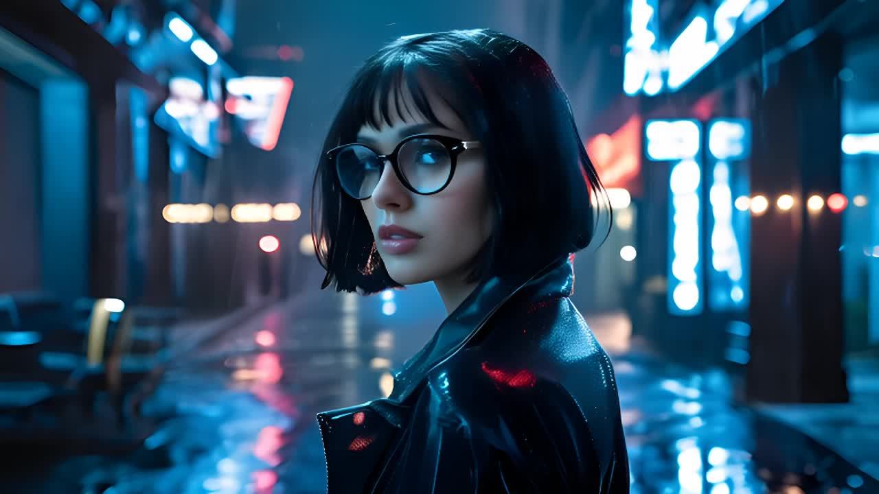 一个女人戴着眼镜，穿着黑色外套，看向镜头。她站在一