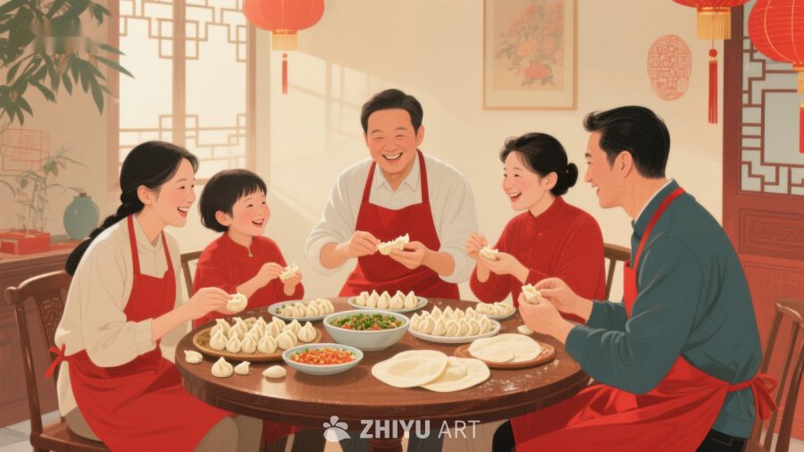 家庭围坐餐桌包饺子 553