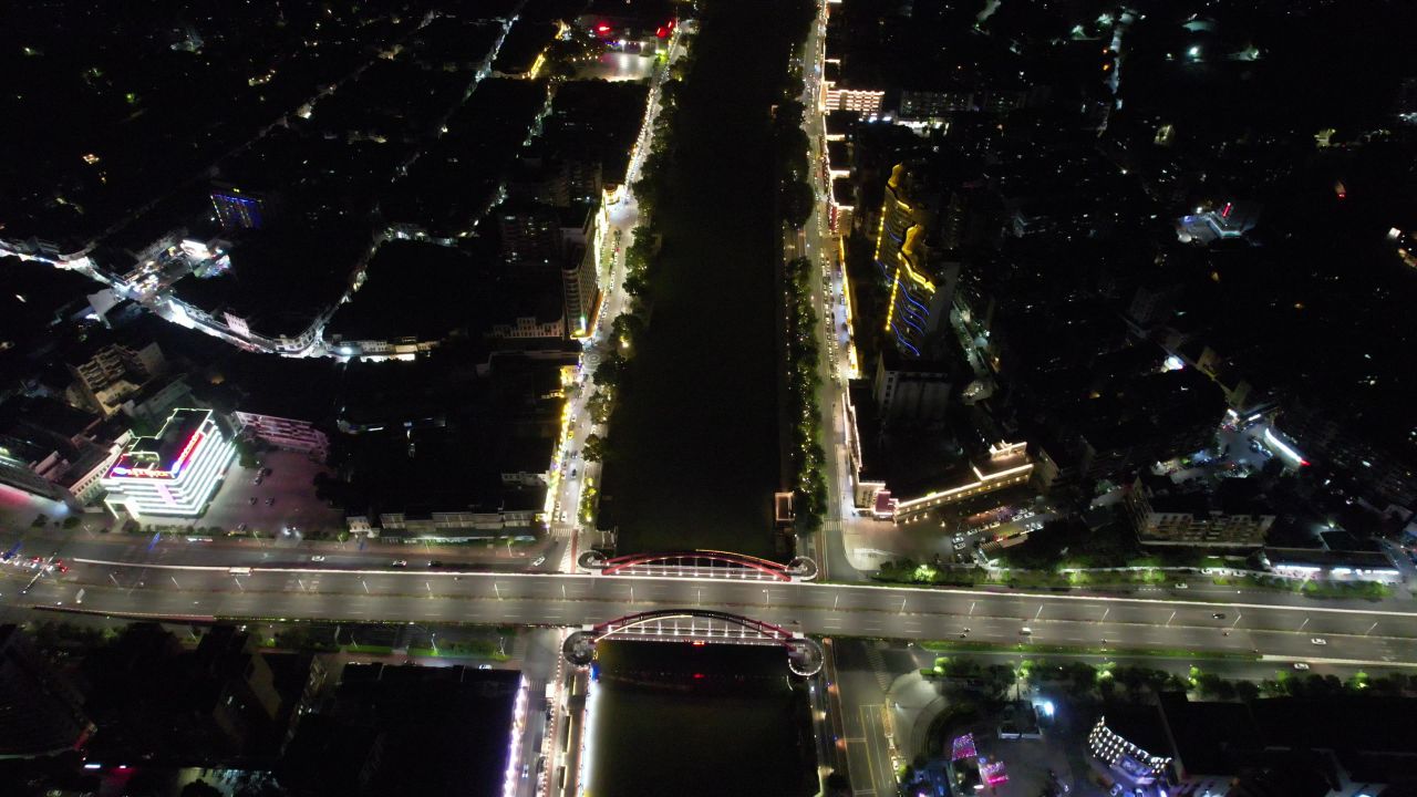 广东江门城市夜景交通航拍