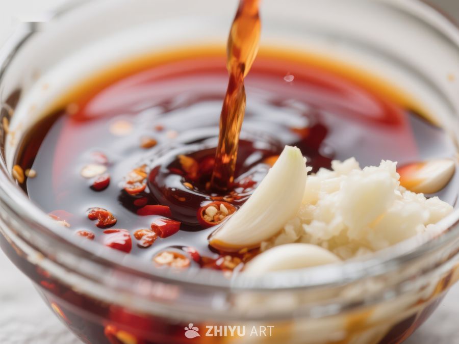 酱油浇入蒜末辣椒的玻璃碗中 345