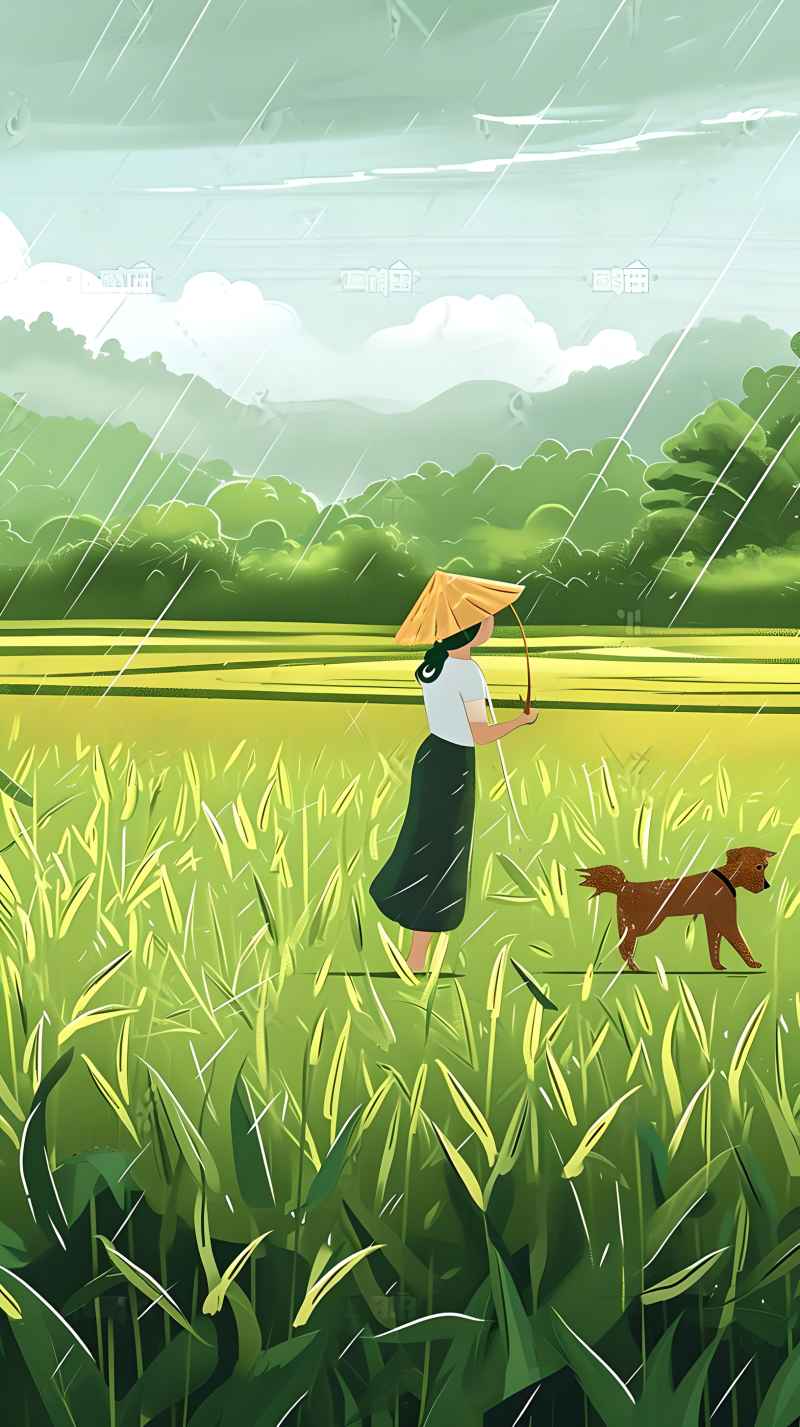 女人站在稻田与狗绿色插画 18