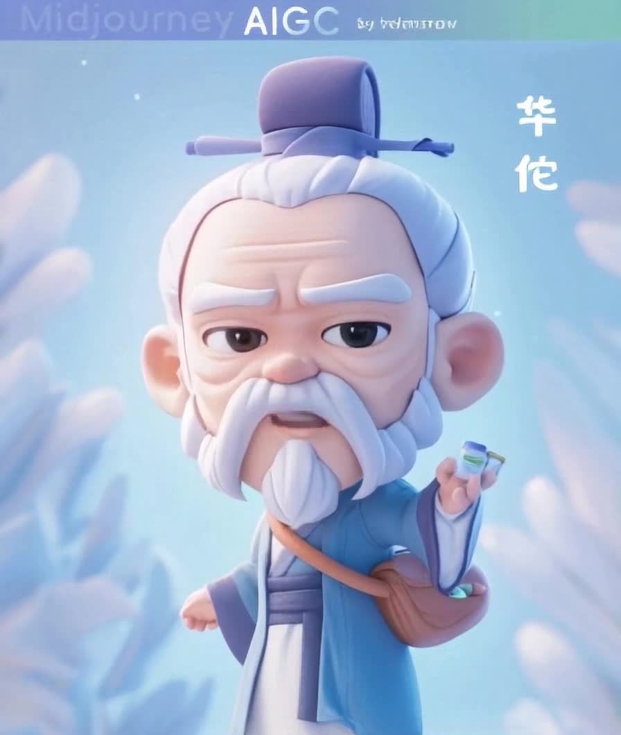 卡通风格的华佗形象，药瓶和医药包，蓝底虚化。